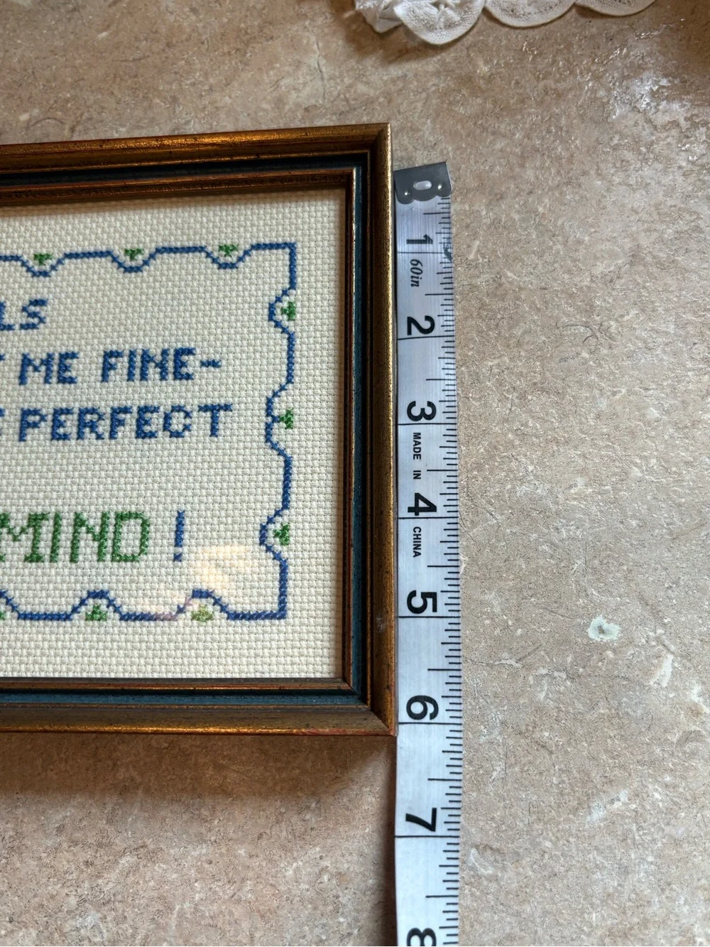 Vintage Framed Needlepoint Blue/Green Cross Stitch Funny